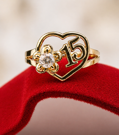 14K Gold Heart w/Flower Quinceañera Ring - Anillo de 15 Años 14k
