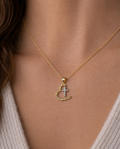 14K 2-Tone Heart and Cross Pendant