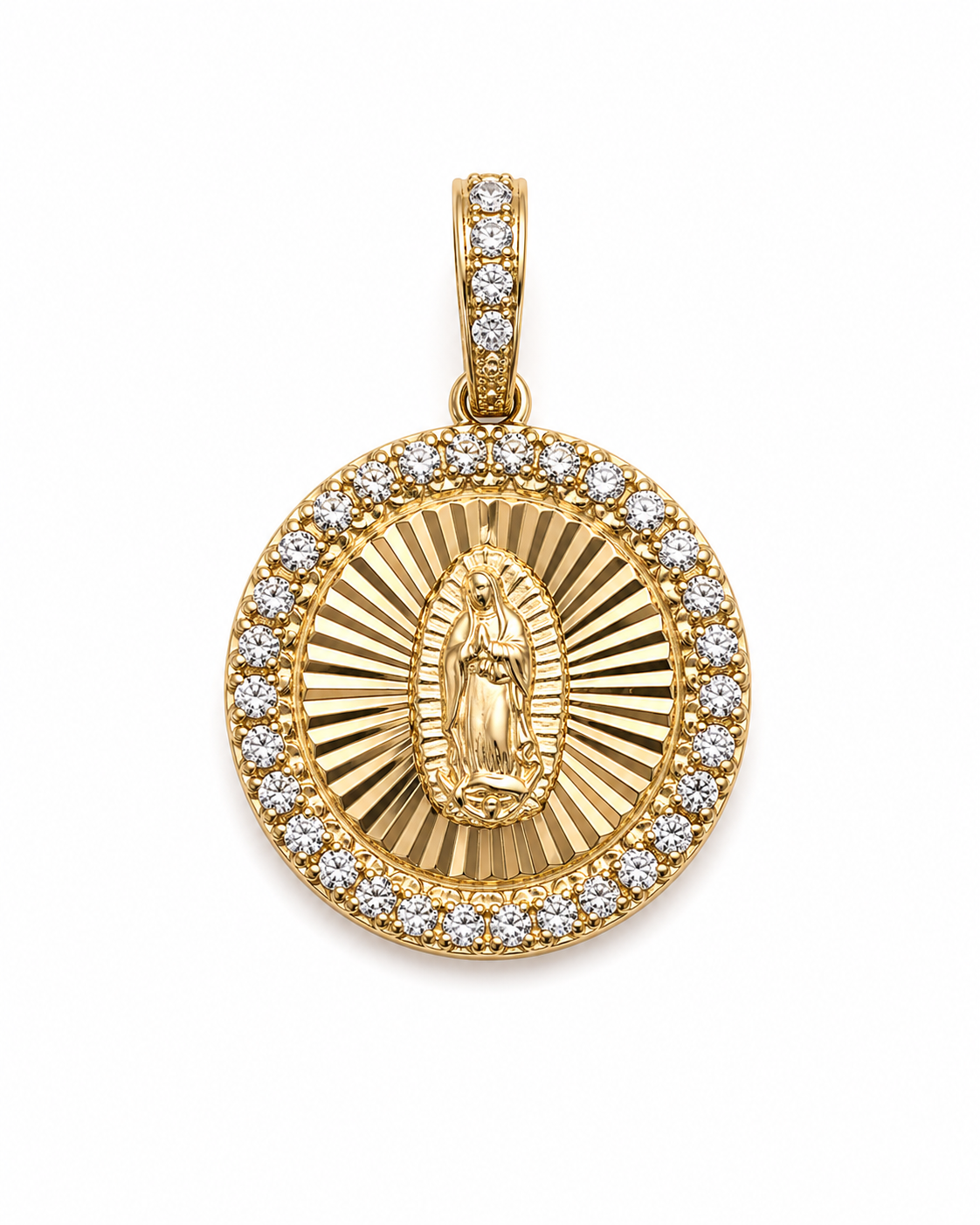Dije Virgen de Guadalupe en Oro 14K con Brillo de Zirconias