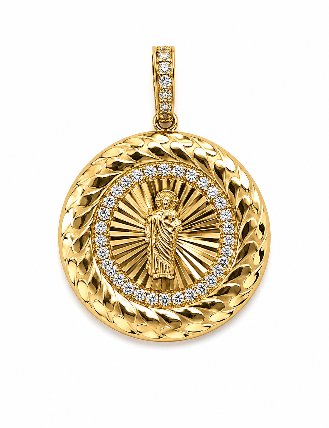 Medalla San Judas Tadeo Oro 14K con Zirconias – Protección y Estilo Premium