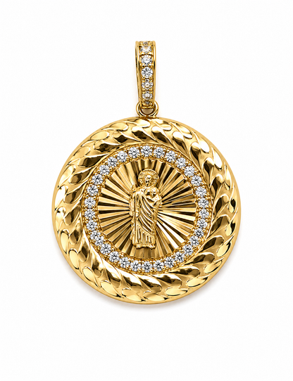 Medalla San Judas Tadeo Oro 14K con Zirconias – Protección y Estilo Premium