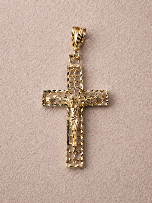 14K Gold Crucifix Cross Filigree Pendant Tricolor