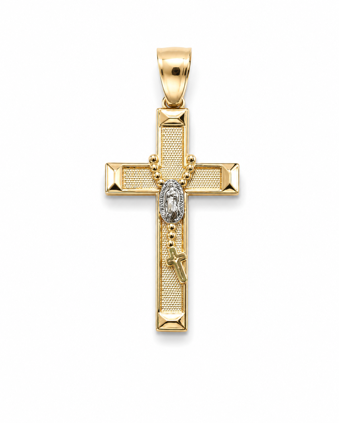 14K Two-Tone Gold Cross Pendant with Miraculous Medal and Rosary Detail