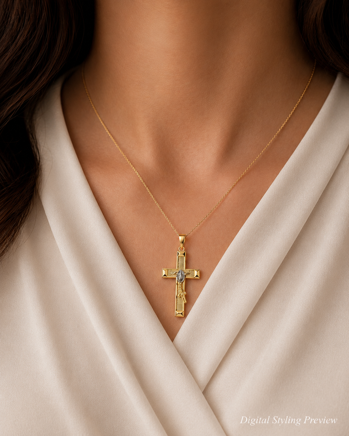 14K Two-Tone Gold Cross Pendant with Miraculous Medal and Rosary Detail