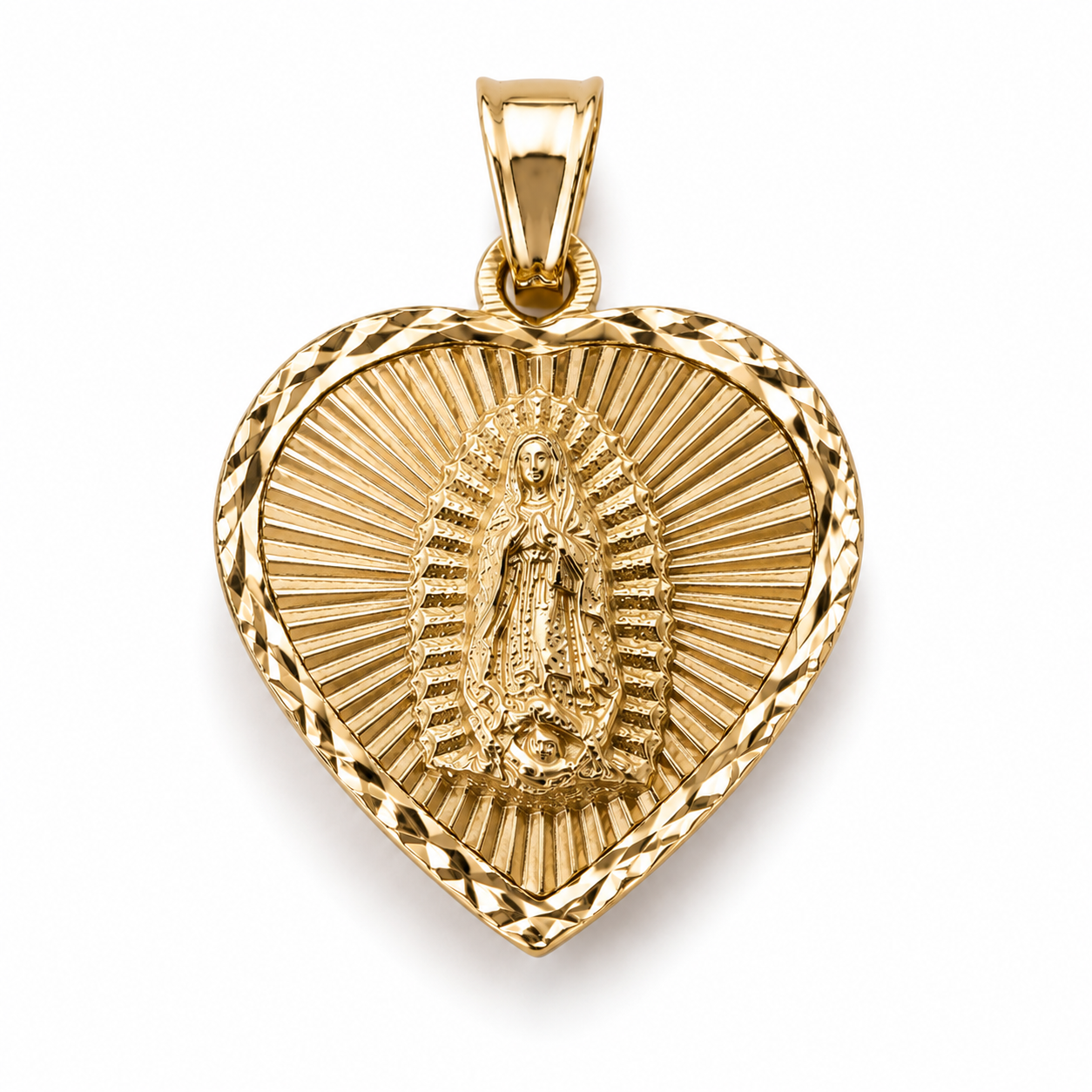 14K Gold Heart Virgin Mary Pendant - Dige Virgen de Guadalupe Corazón Oro 14K