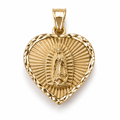 14K Gold Heart Virgin Mary Pendant - Dige Virgen de Guadalupe Corazón Oro 14K