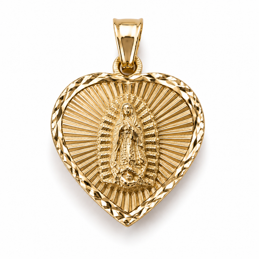 14K Gold Heart Virgin Mary Pendant - Dige Virgen de Guadalupe Corazón Oro 14K