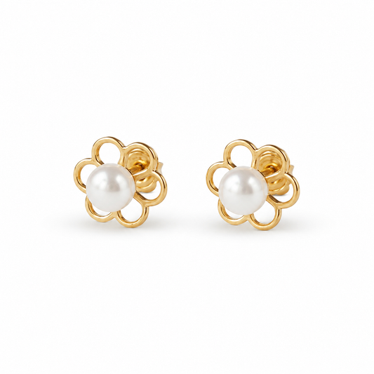 14K Gold Petals and Cultured Pearls Studs Screw Back Earrings