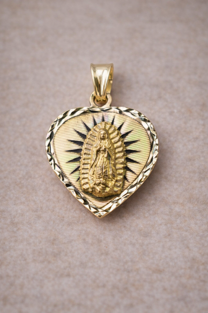 14K Gold Heart Virgin Mary Pendant - Dige Virgen de Guadalupe Corazón Oro 14K