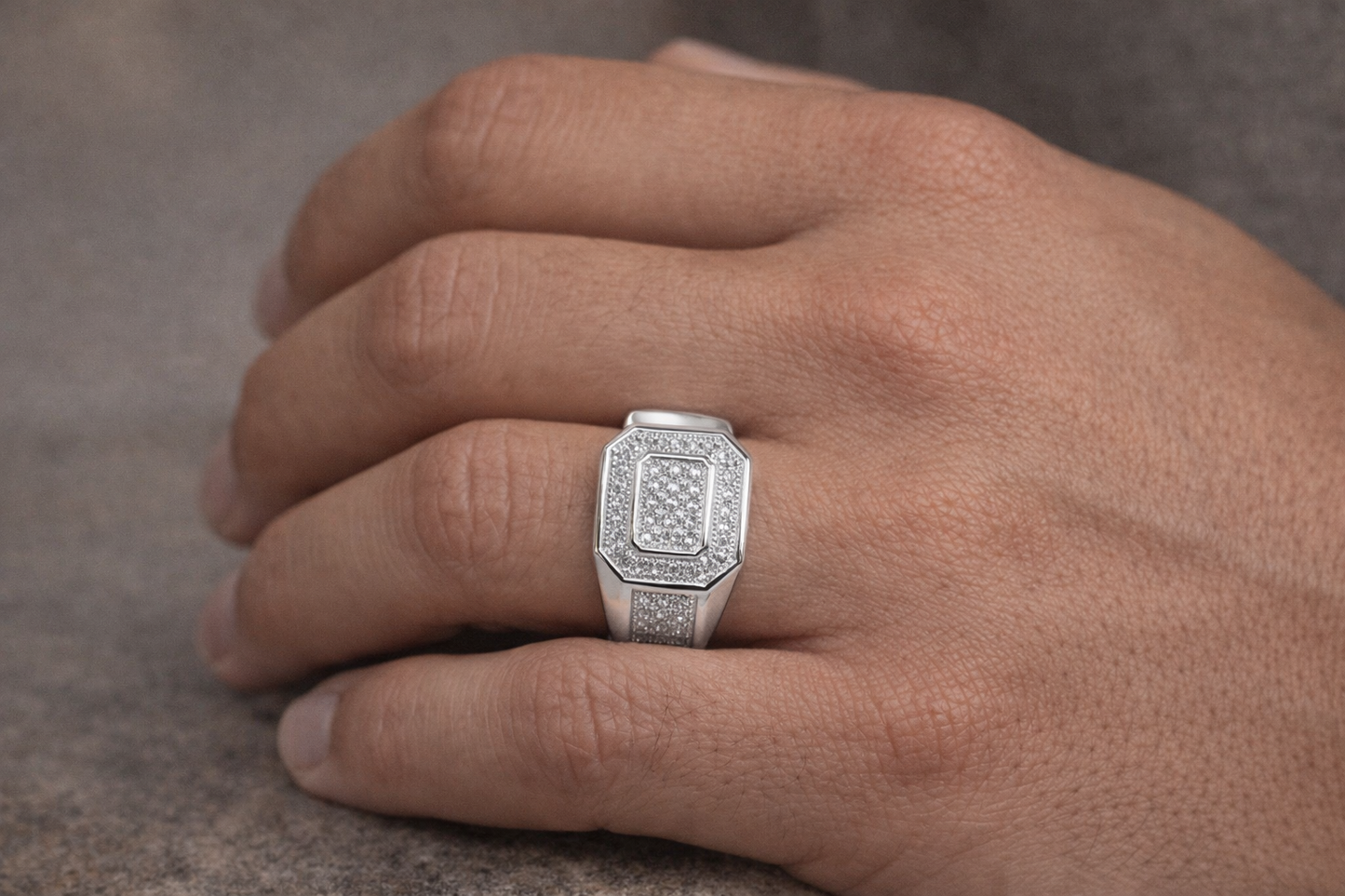 Rhodium Plated 925 Sterling Silver Men's Octagon Top Round Cut Clear CZ 13.6mm Ring
