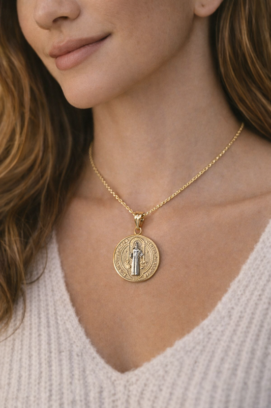 14K Gold Saint Benedict Round Pendant - Dige San Benito 14k