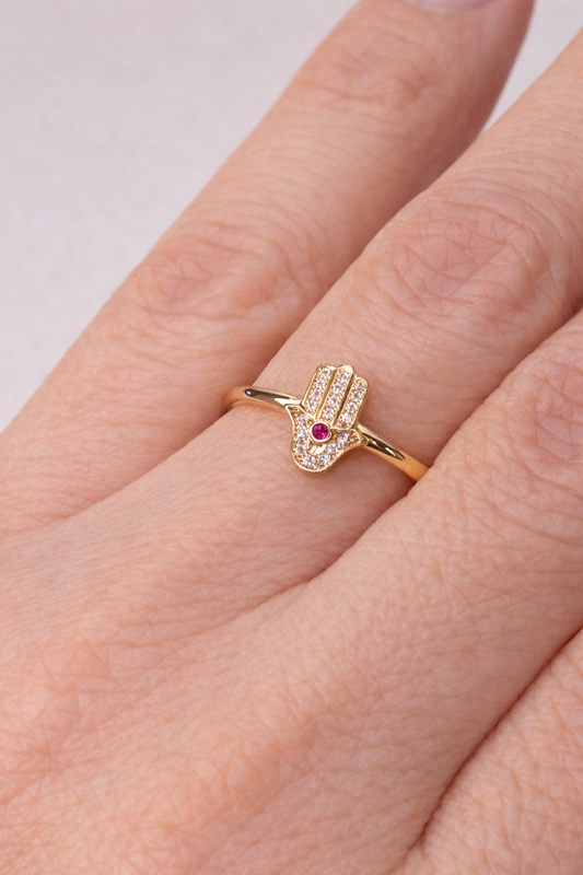 14K Gold Hamsa CZ Accent Ring - Anillo Manita de Fatima 14k