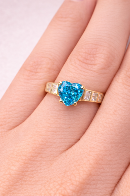 14K Gold Blue Heart Ring - Anillo 14k corazón Azul