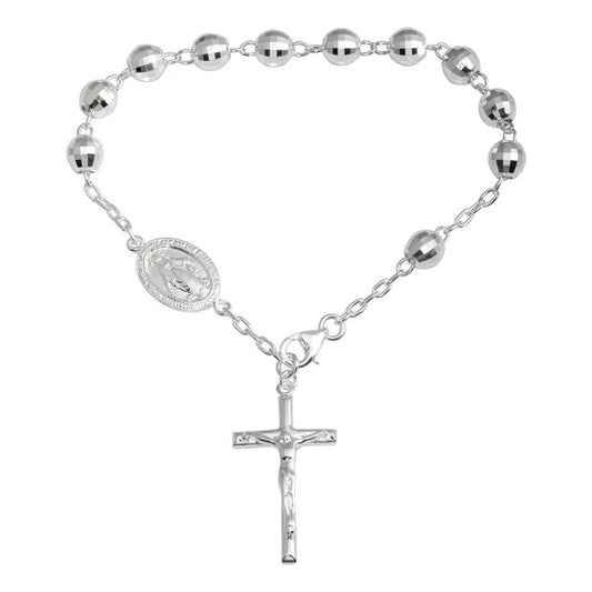 High Polished 925 Sterling Silver Diamond Cut Rosary Bracelet