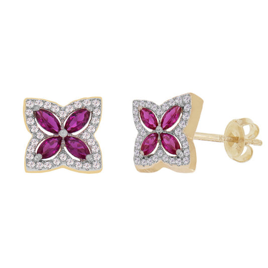 Fancy Butterfly Push Back Stud Earring Red CZ Yellow Gold 14k