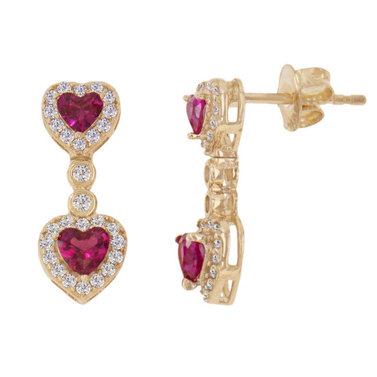 Double Heart Dangling Drop Push Back Stud Earring Red CZ Yellow Gold 14k