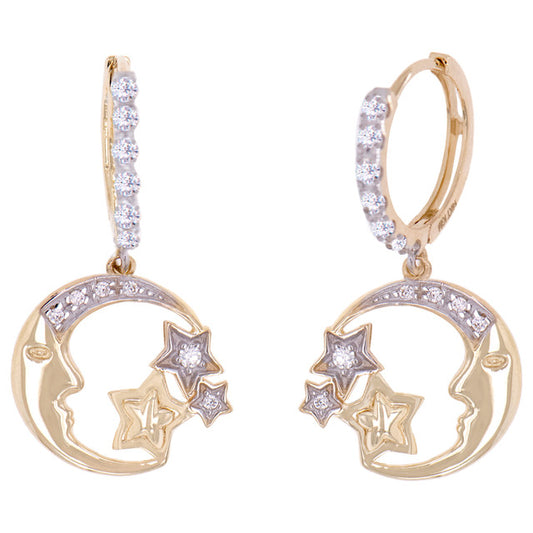 Moon Stars Dangling Earring CZ Yellow Gold 14k