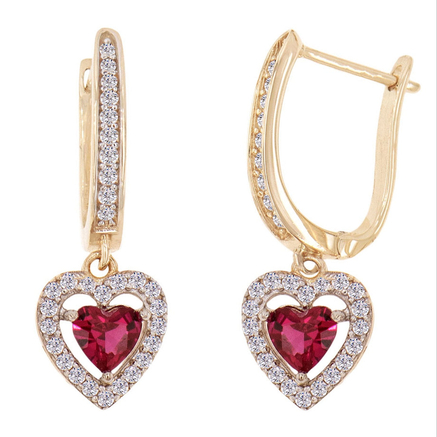 Heart Dangling Drop Halo Earring Red CZ Yellow Gold 14k