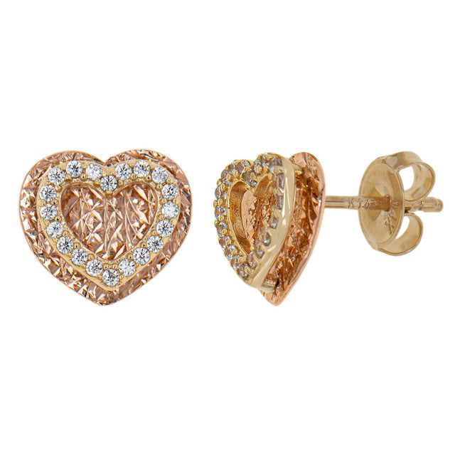 Heart CZ Stud Earring Push Back 14k Rose and Yellow Gold