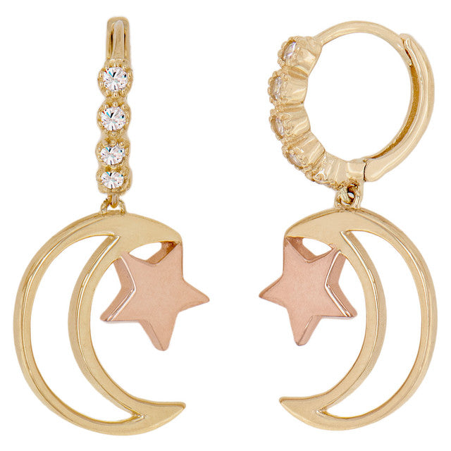 Star and Moon Drop Earring CZ Yellow Rose Gold 14k