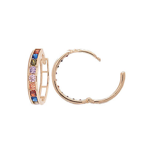 Hoop Huggies Earring Rainbow Cubic Zirconia Yellow Gold 14k