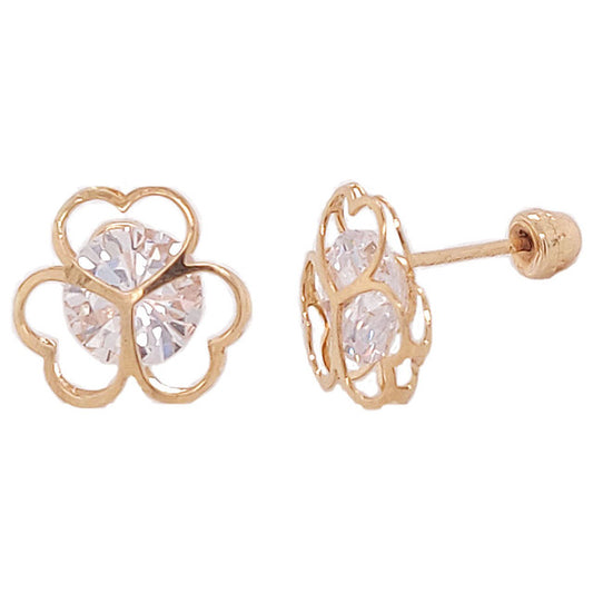 Clover Design Cubic Zirconia Screw Back Stud Earring Yellow Gold 14k