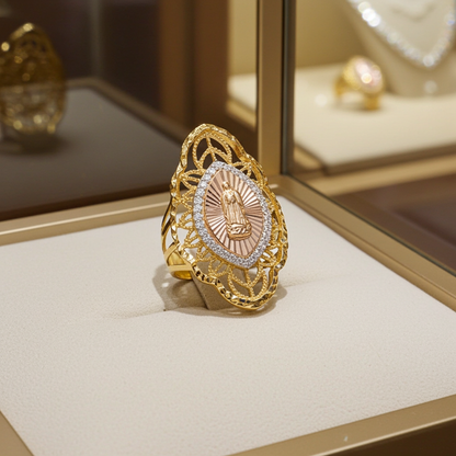 Guadalupe Large Oval Lady Ring Cubic Zirconia Tricolor Gold 14k #8