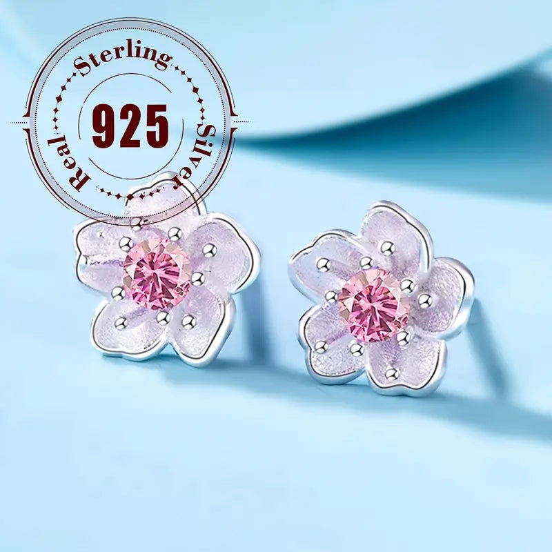 Pendientes de Moda de Circonio con Flor de Cerezo en Plata Pura 925