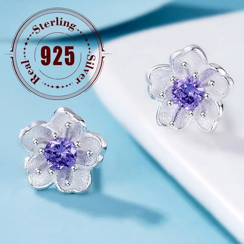 Pendientes de Moda de Circonio con Flor de Cerezo en Plata Pura 925