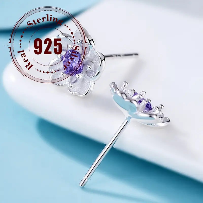 Pendientes de Moda de Circonio con Flor de Cerezo en Plata Pura 925