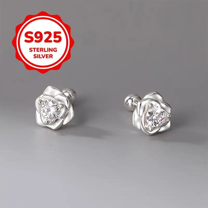 Pendientes de Rosa de Tornillo de Plata Pura 925