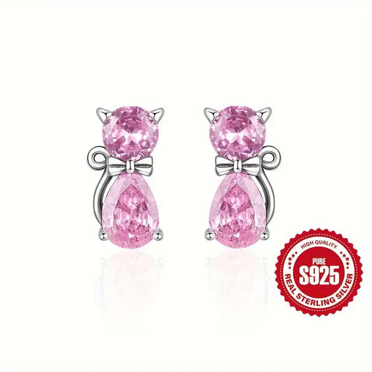 Pendientes de Gato con Corbata de Lazo en Plata de Ley 925 con Circonita Rosa, Moda Bohemia Dulce