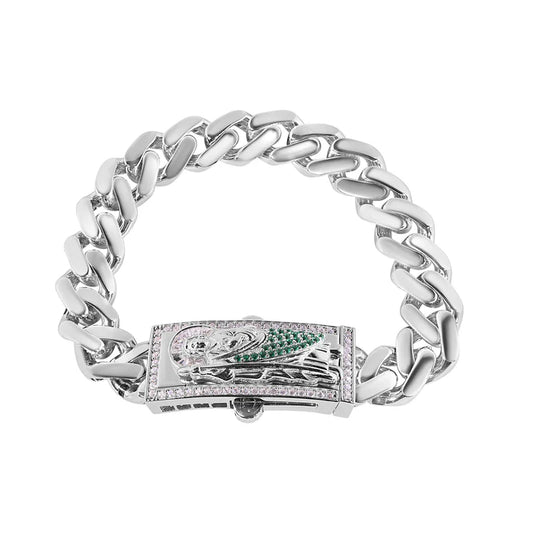 Rhodium Plated 925 Sterling Silver Rectangle St Jude Cuban 11mm Clear CZ Bracelet