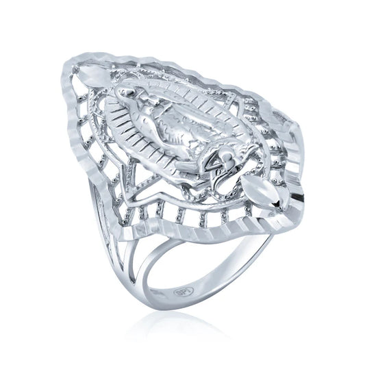 Silver Rhodium Plated Diamond Cut Filigree Guadalupe Ring