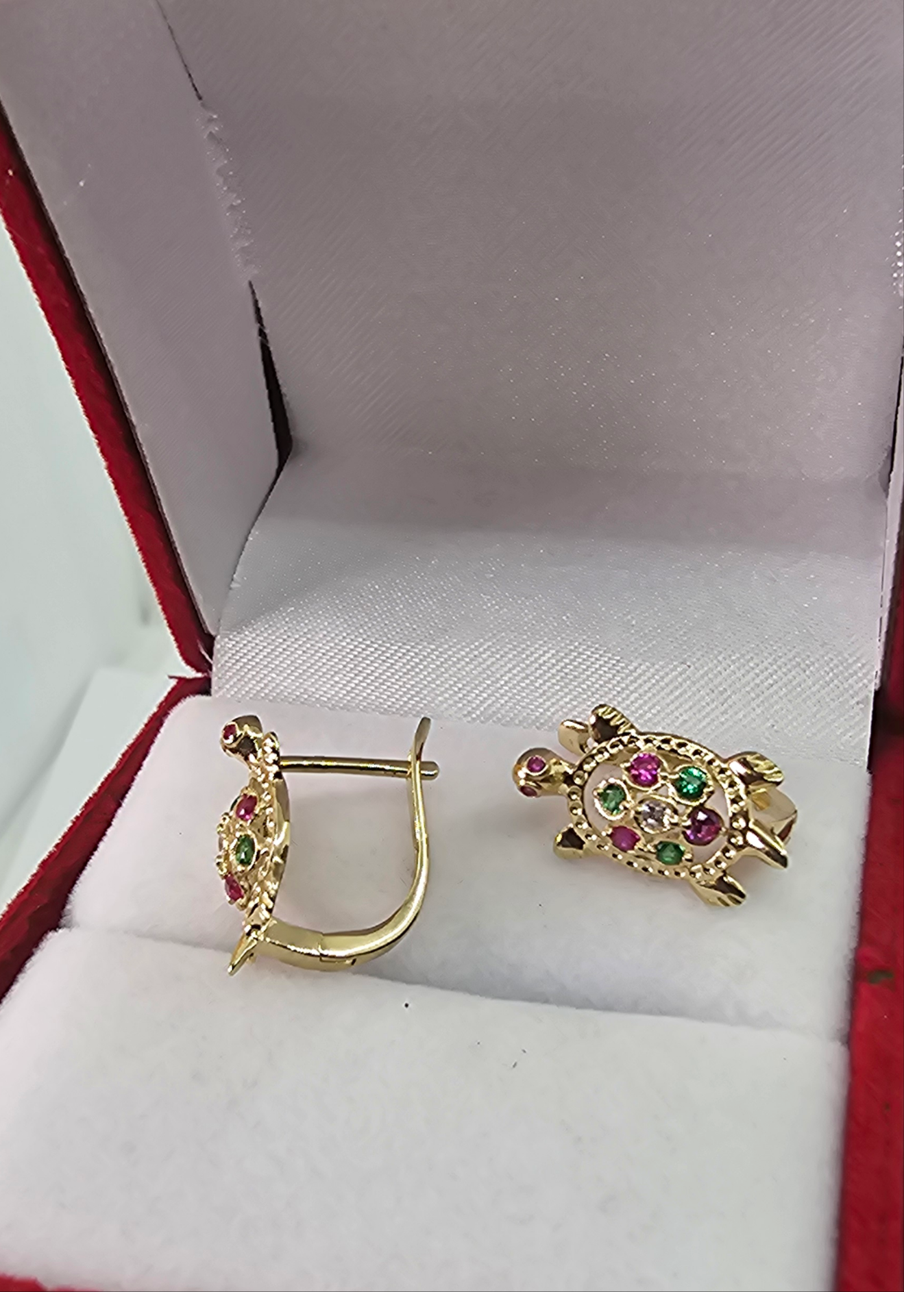 Small Turtle Huggies Earring Multi Color  CZ 14k Yellow Gold