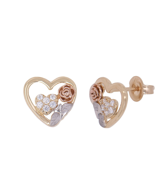 Heart Flower Stud Earring Push Back CZ Tricolor Gold 14k