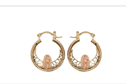 14K Yellow and Rose Gold Tube CZ Hoop Earring Virgin Guadalupe