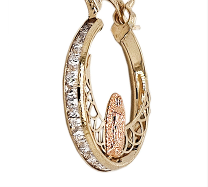 14K Yellow and Rose Gold Tube CZ Hoop Earring Virgin Guadalupe