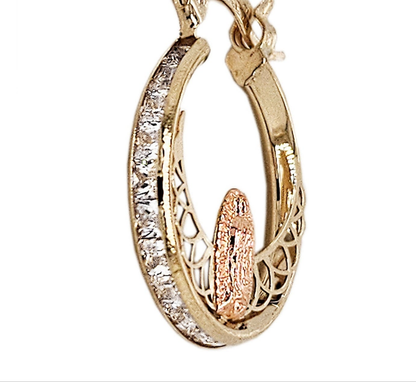 14K Yellow and Rose Gold Tube CZ Hoop Earring Virgin Guadalupe