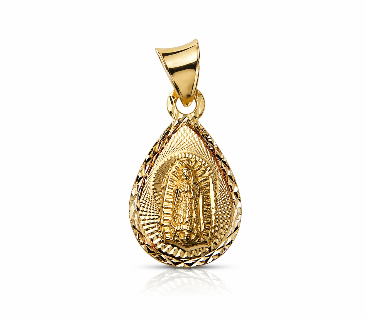 Gold pendant with intricate design on a white background