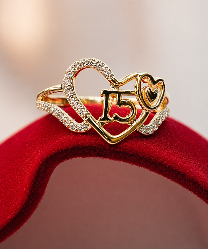 14K Gold Heart Quinceañera Ring - Anillo de 15 Años 14k