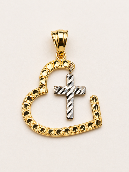 14K 2-Tone Heart and Cross Pendant