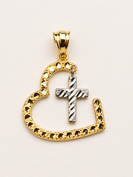 14K 2-Tone Heart and Cross Pendant
