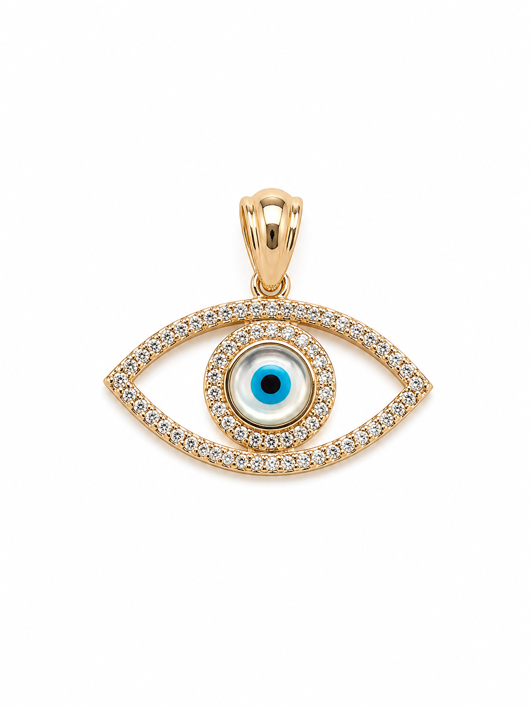 Gold pendant with eye design and blue center on a white background