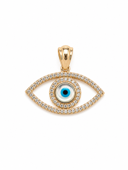 Gold pendant with eye design and blue center on a white background