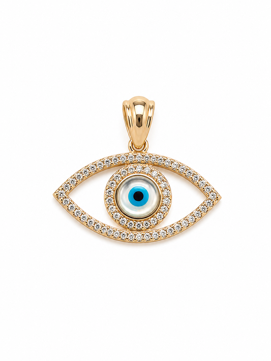 Gold pendant with eye design and blue center on a white background