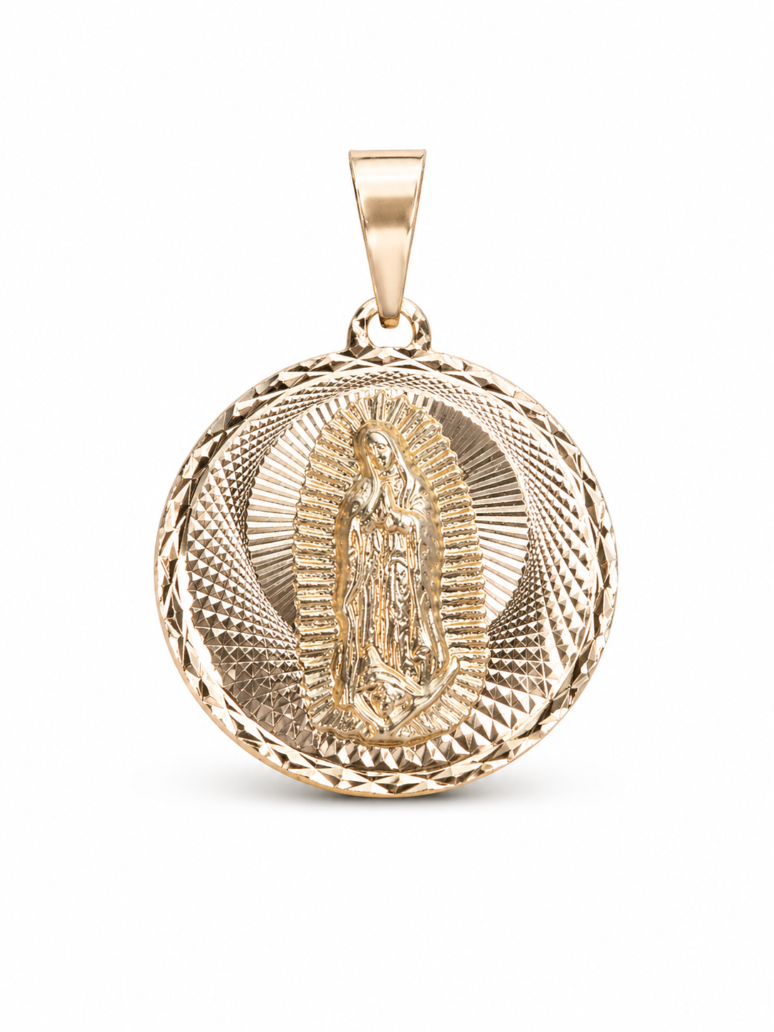 Gold pendant with religious design on a white background