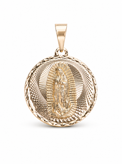Gold pendant with religious design on a white background