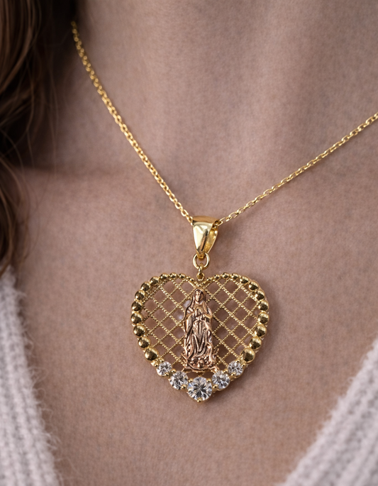 14K Gold Virgin Mary Heart Pendant - Dige Virgen de Guadalupe en forma de Corazon 14K