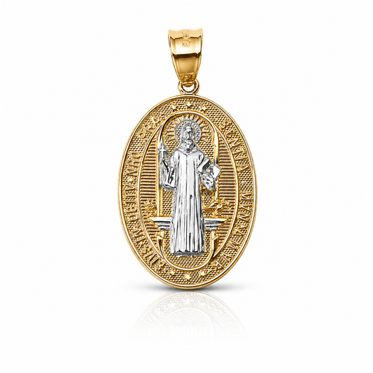 Gold oval pendant with religious figure design on a white background